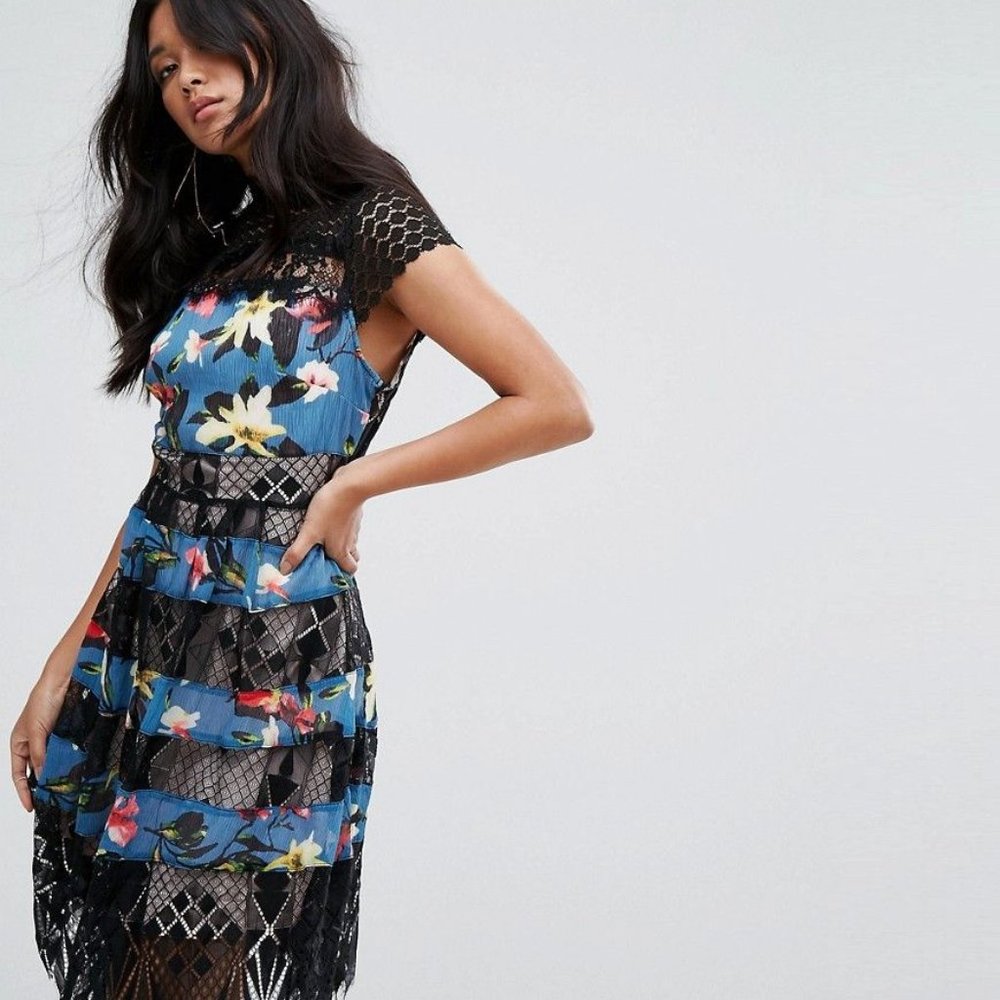 Foxiedox Lace and Print Detail Midi Dress - Sweetwater Print (S)